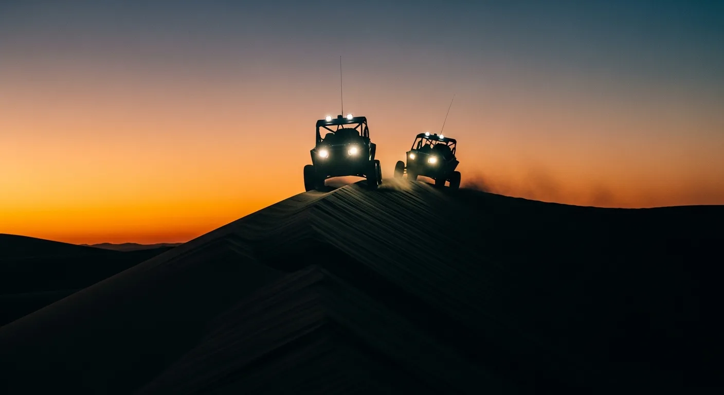 Dune buggies kicking up sand on red dunes in Dubai
