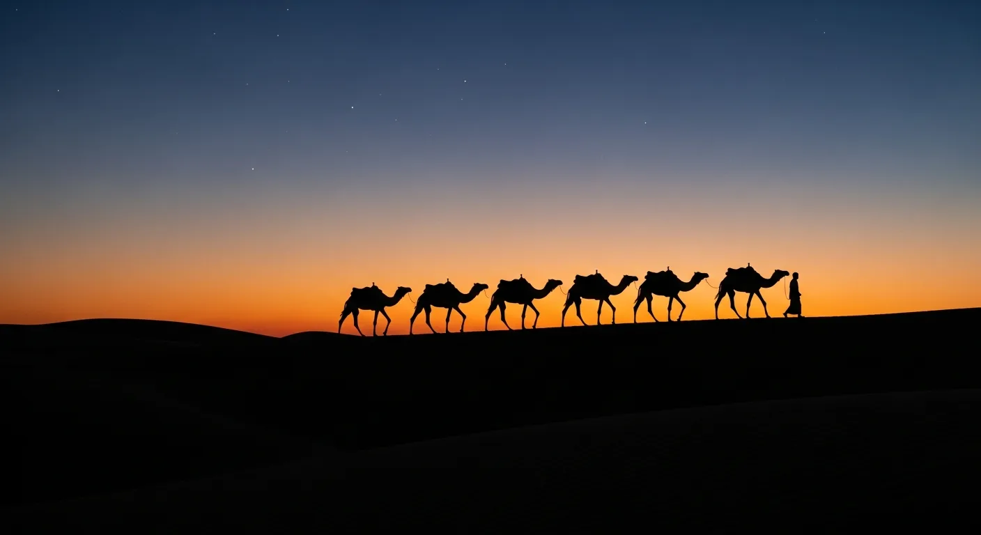 Camel caravan silhouette against a sunset sky in Dubai