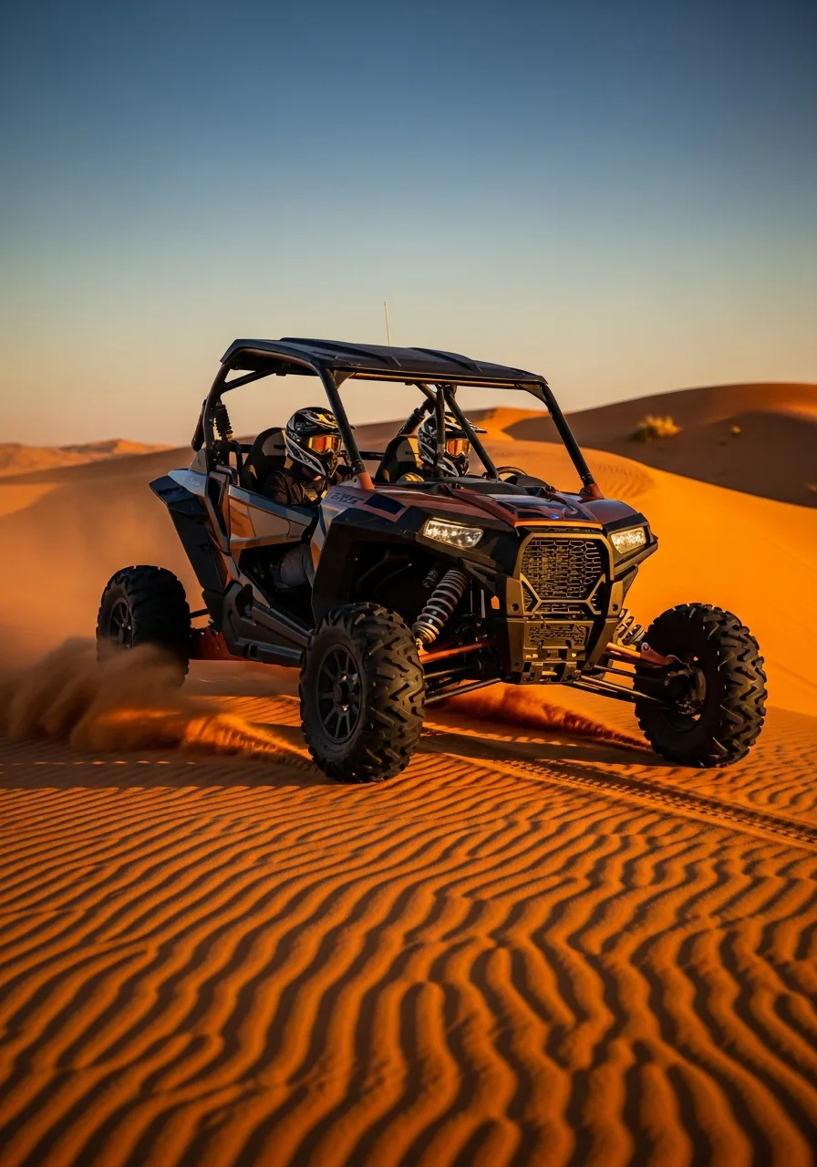 Dune buggies kicking up sand on red dunes in Dubai