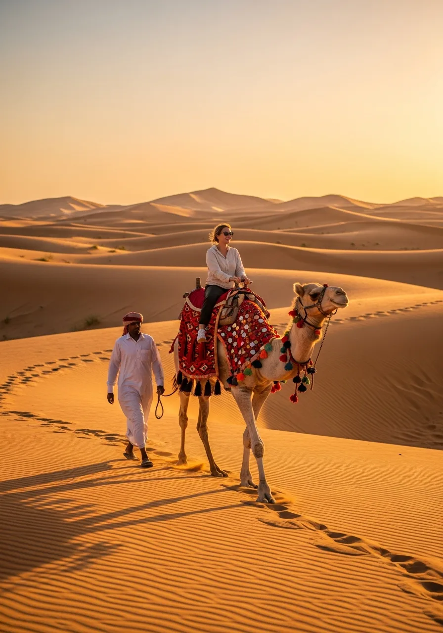 Camel caravan silhouette against a sunset sky in Dubai