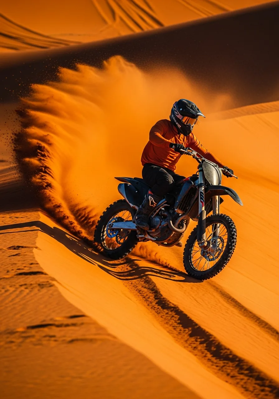 Dirt bike rider on a dune slope in Dubai