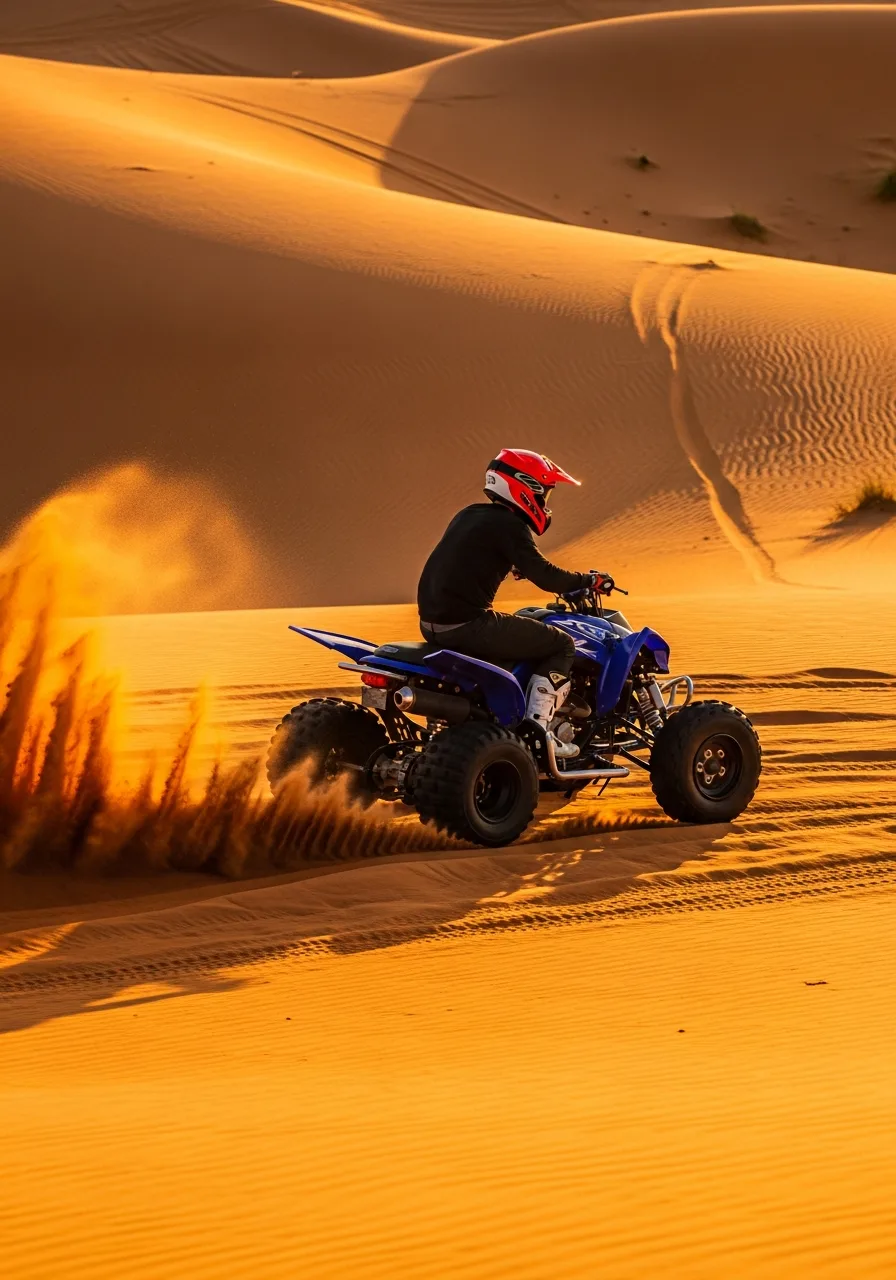 Riders on quad bikes along a dune ridge in Dubai