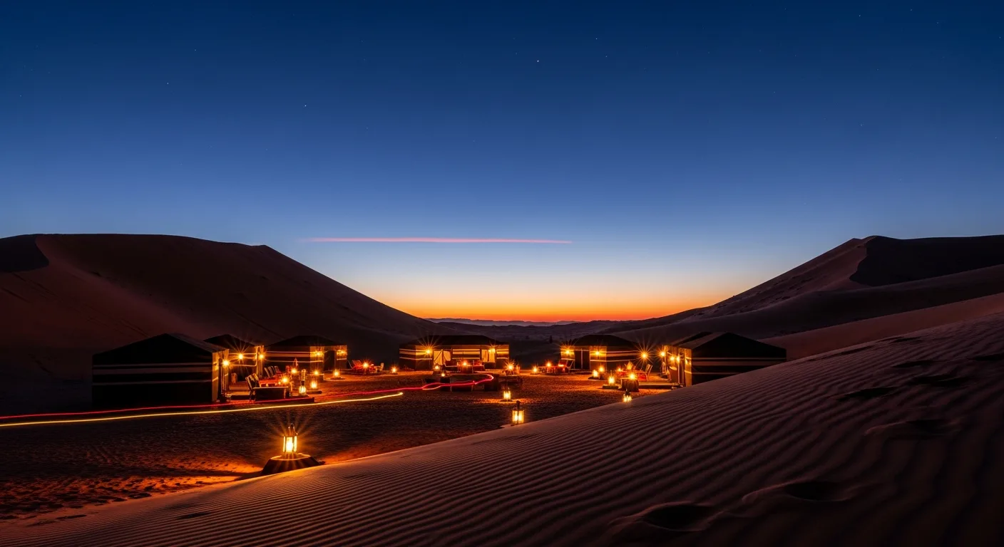 Bedouin-style desert camp at dusk in Dubai