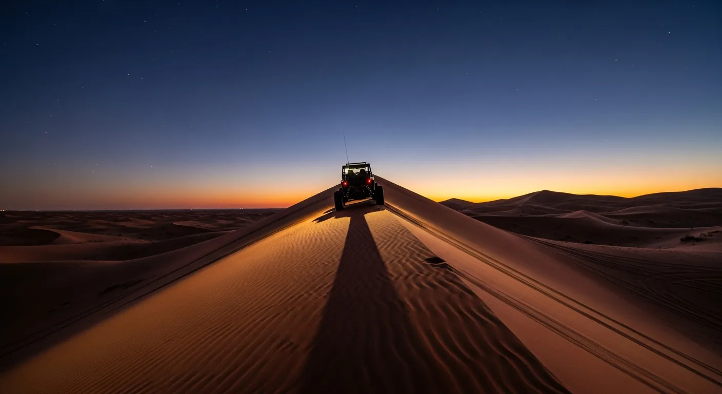 Dune buggy silhouette cresting a red sand dune at twilight in the Dubai desert