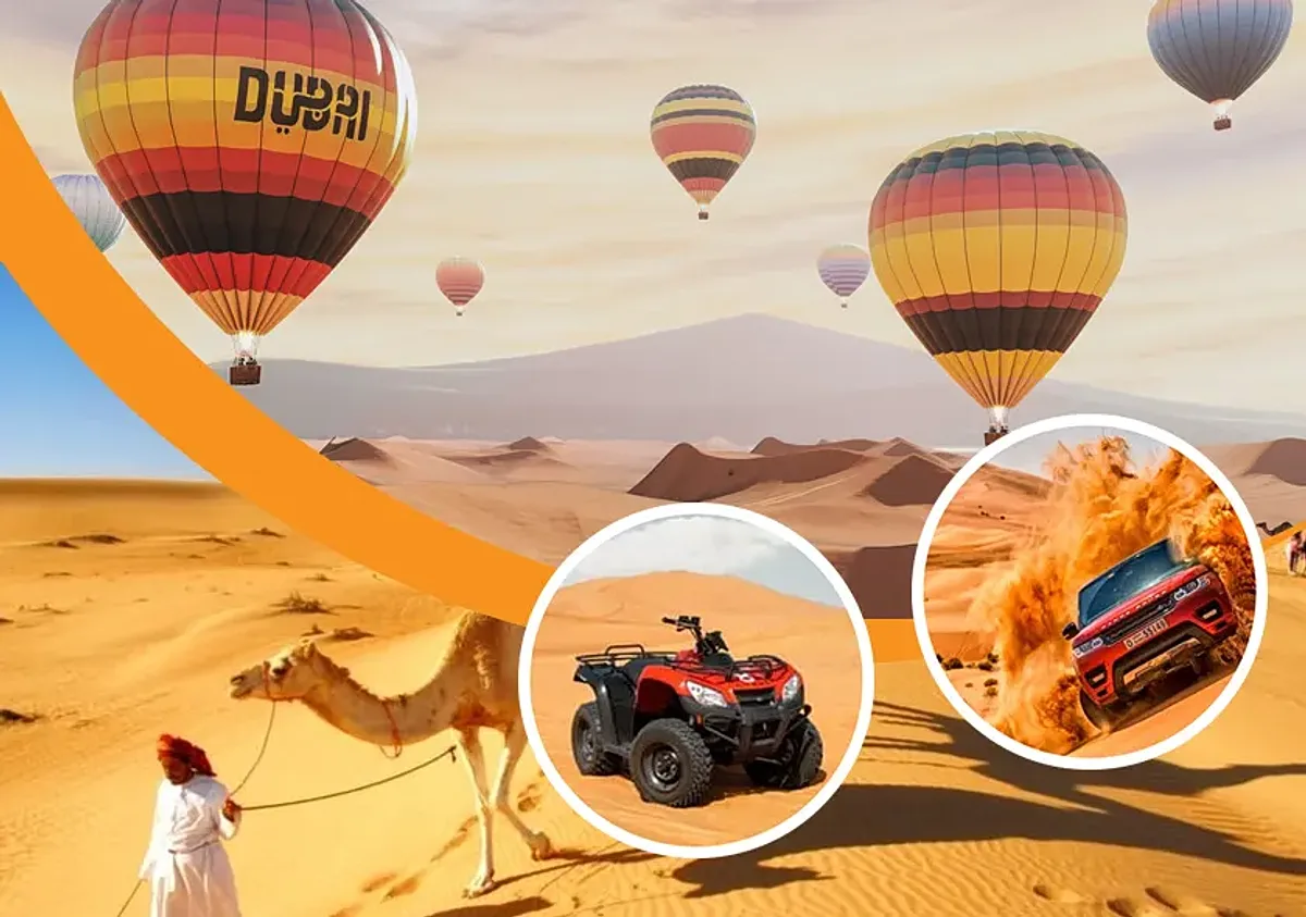 Aerial view from hot air balloon basket over dunes, Premium Flight