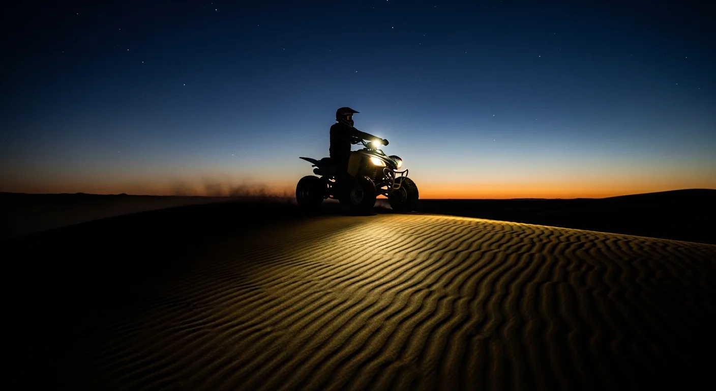 Riders on quad bikes along a dune ridge in Dubai